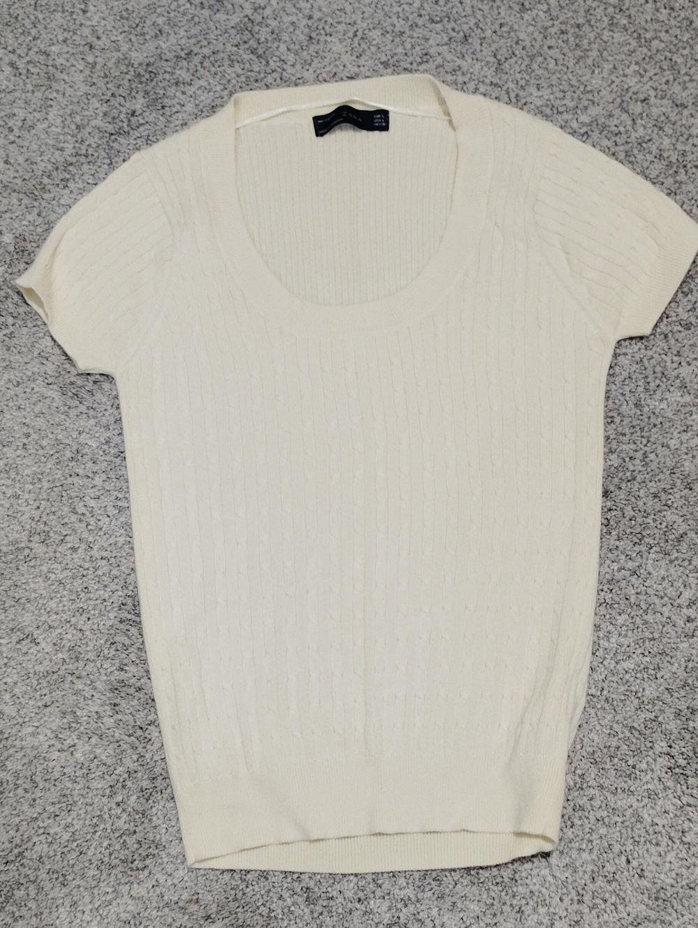 Zara Short-Sleeve Scoop Neck Ribbed Sweater in Cream